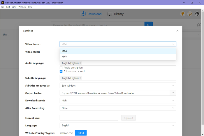 Set Amazon Output Format on MovPilot