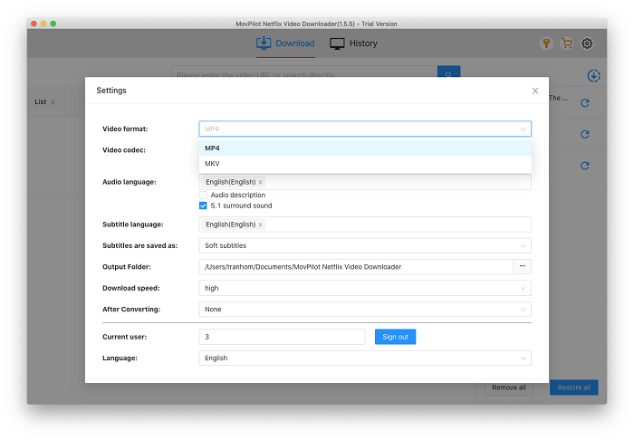 Select Output Format from Settings