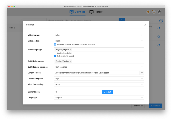 Settings of MovPilot Netflix Video Downloader