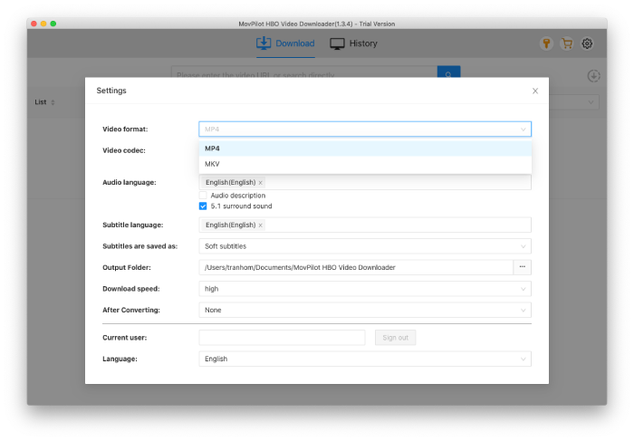 Select Output Format for HBO Videos